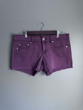 American Eagle Distressed Denim Shorts Size 10 Burgundy Raw Hem